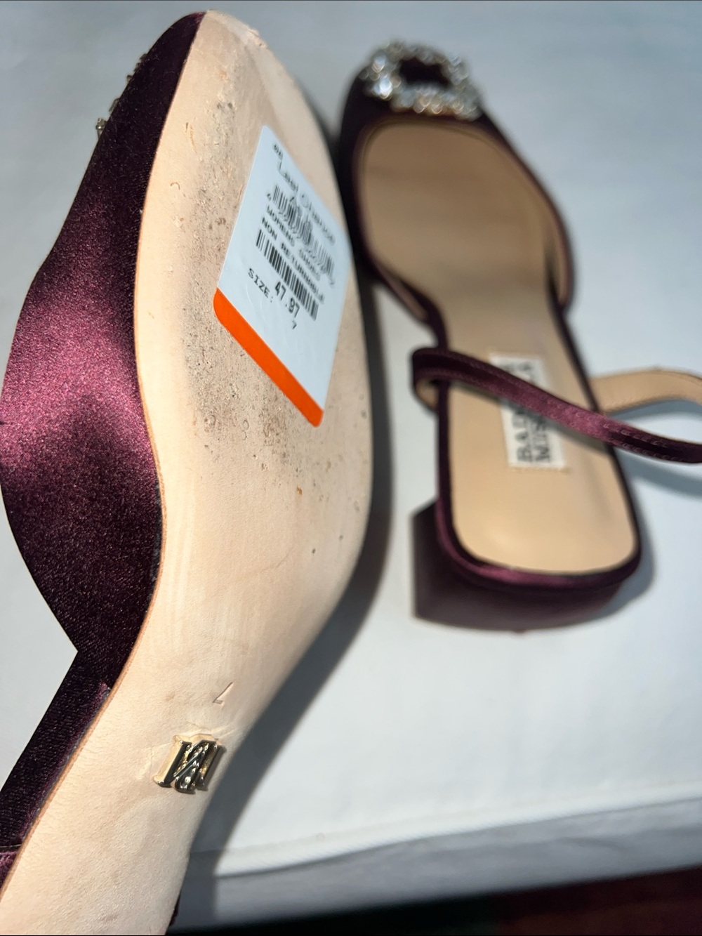 Badgley Mischka Plum Satin Slingback Heels with Crystal Buckles - Picture 9 of 9